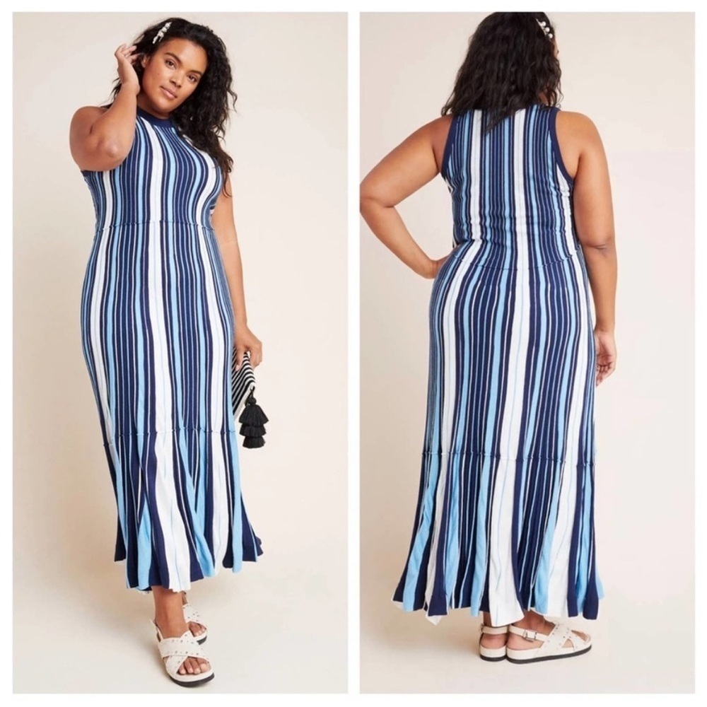 Anthropologie Maeve Lisanne Knit Maxi Dress Blue White Vertical Stripe Size S - Picture 9 of 14